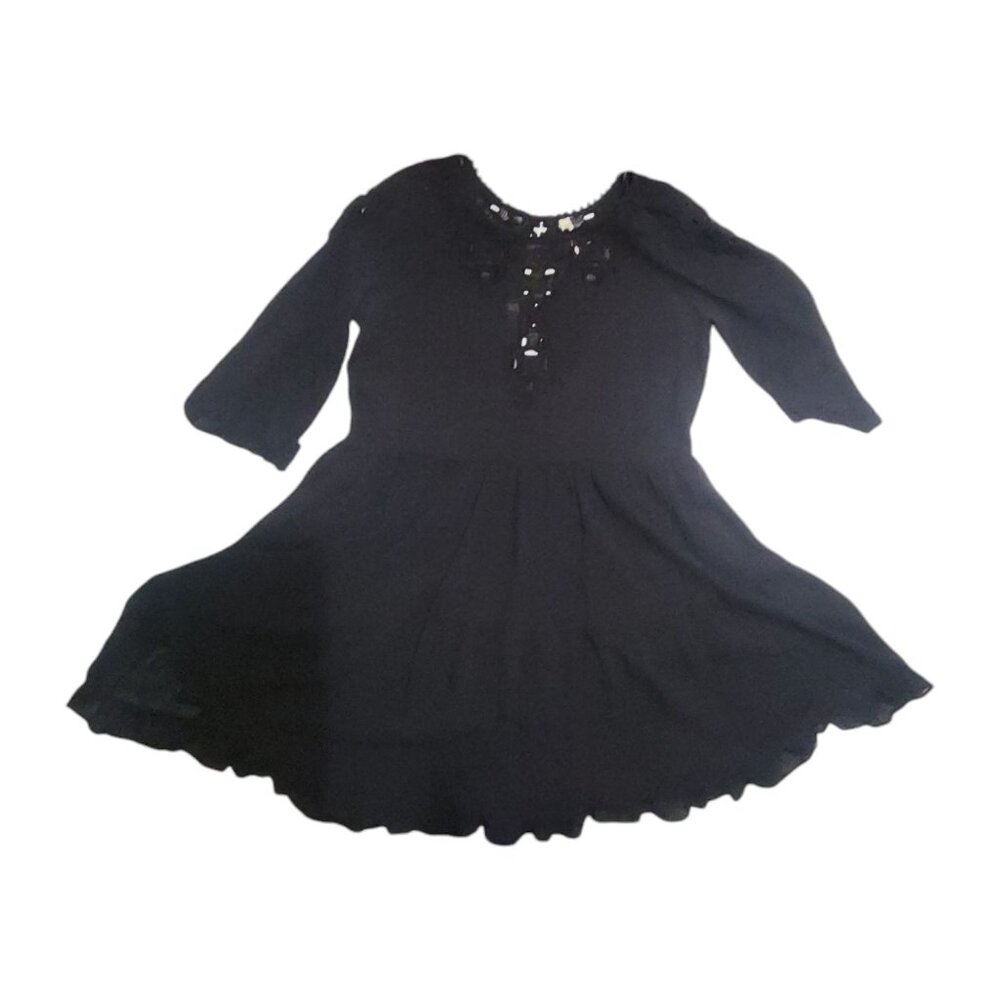 Free People Black Boho Tunic Mini Dress S Cotton Gauze Lace Goth Witchy Coquette